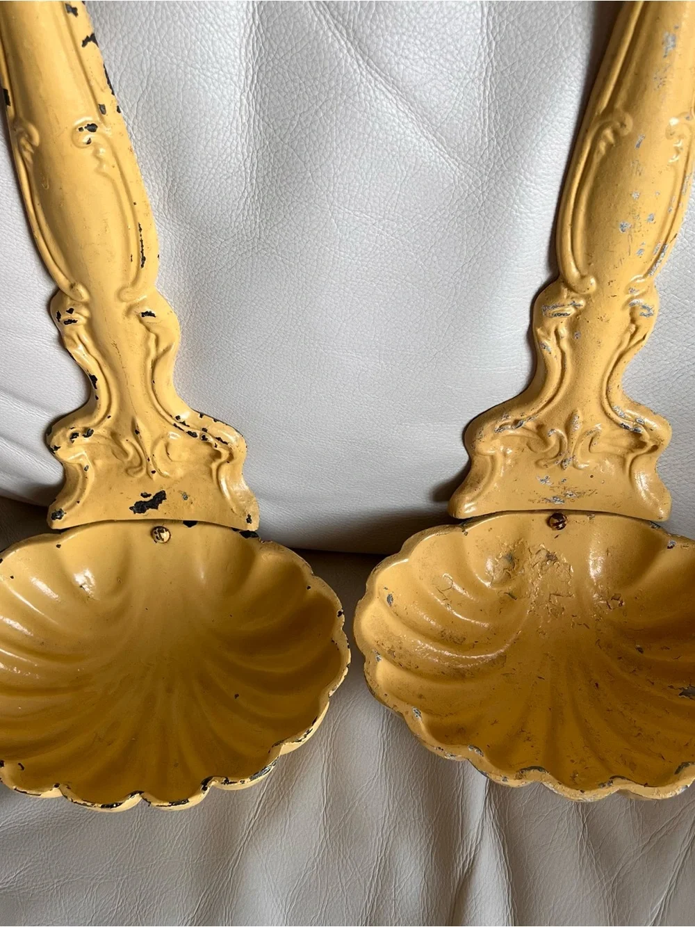Vintage MCM Cast Metal Yellow Decorative Wall Sconces Large Ladle/ Shell